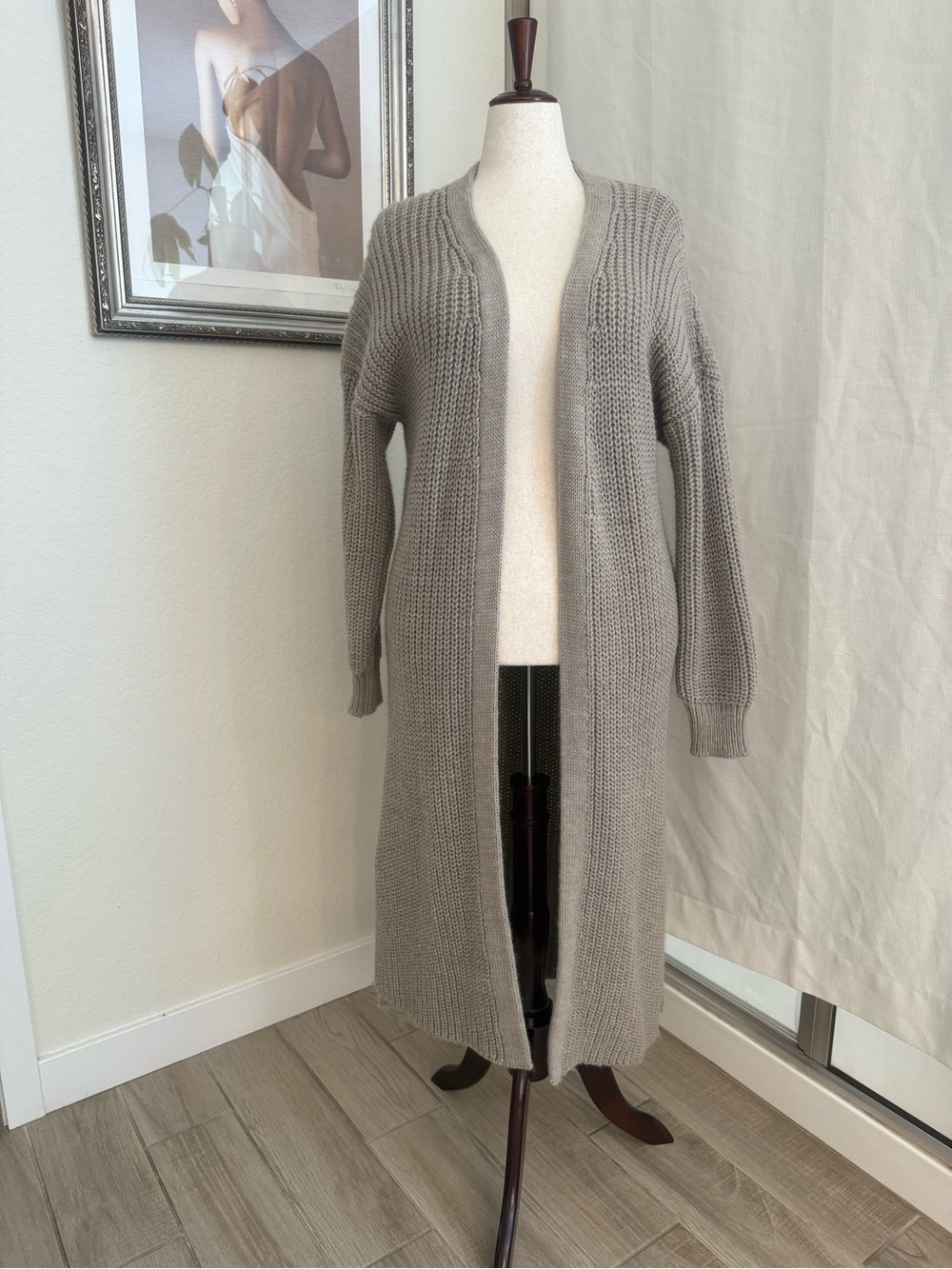 Topshop Long Open-Front Knit Cardigan in Taupe Gray